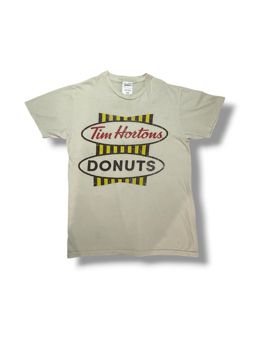 Tim Hortons Vintage Retro Sign Graphic T-Shirt Beige Cream Cotton Men Size Small